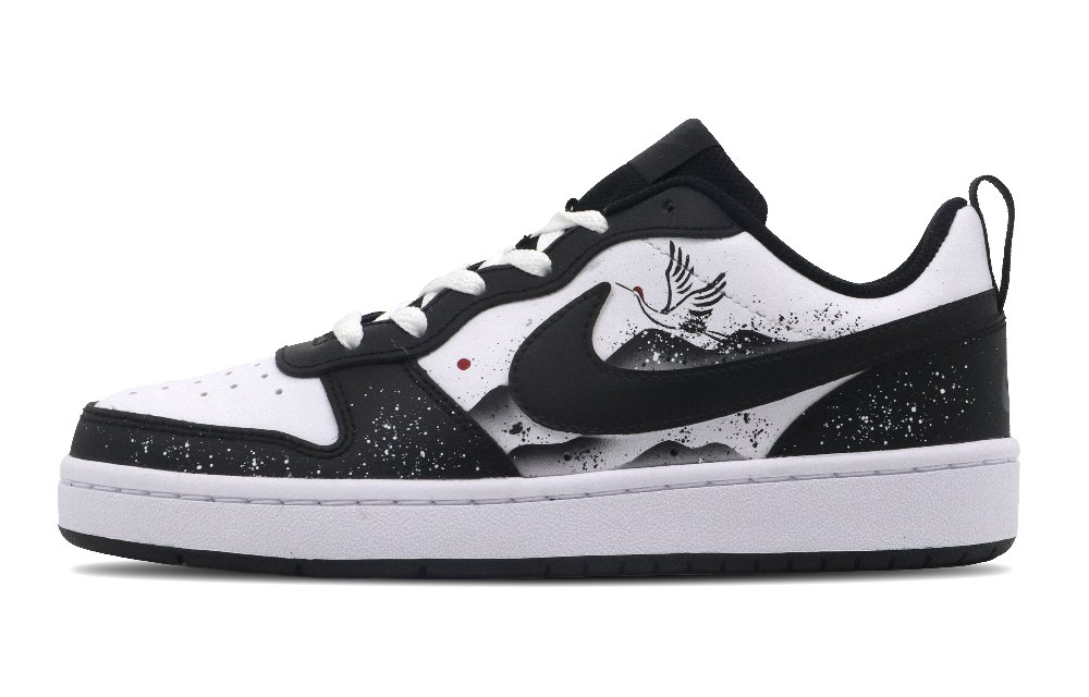 Nike Court Borough Ink Wash Pine And Crane Non-slip Lightweight Low-Top Skateboard Shoes GS Black White