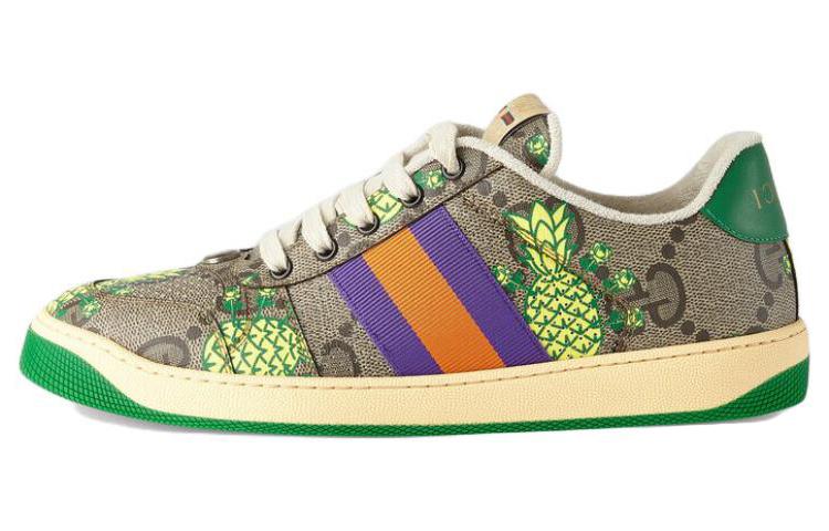 GUCCI Screener Pineapple Collection GG Enamel, Distressed Shoes Low Top Stylish Skateboarding Shoes Men's Brown