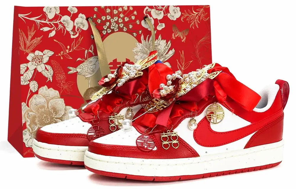 Nike Court Borough GS Wedding Shoes Abrasion Resistant Low top Skateboard Shoes Women's Red White