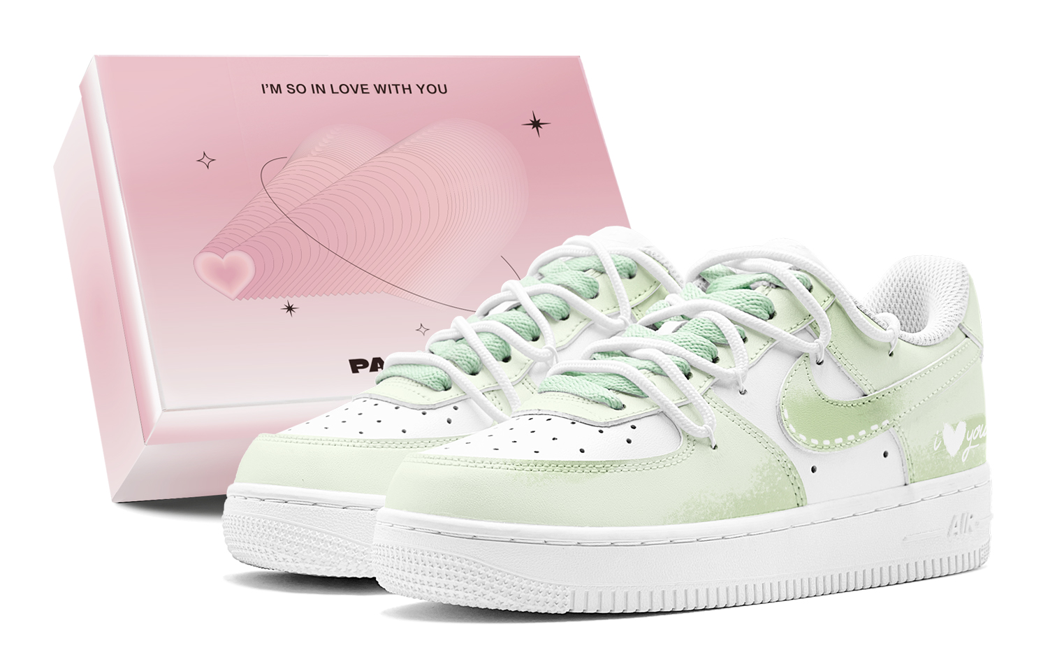 Nike Air Force 1 Romantic Gift, Matcha Love Words Slip Resistant Low top Skateboard Shoes Men's White Green
