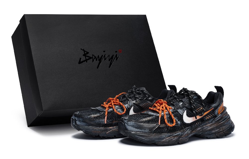 Nike V2K Run Anti Slip Wear Resistant Low Top Running Shoes Unisex Black Gray Orange