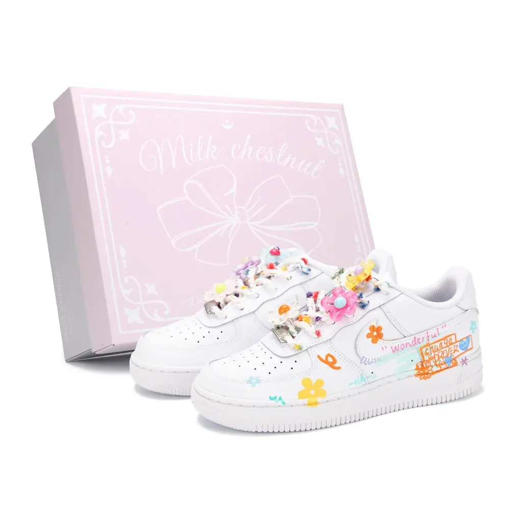 Nike Air Force 1 Floral Exploration Guide Abrasion Resistant Low top Skateboard Shoes Women's White