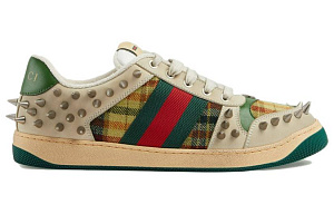 GUCCI Screener Gg Leather Sneaker Beige Metallic Silver Green 1 2537665