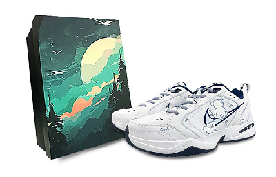 Nike Air Monarch 4 White Navy Slip-Resistant Height Increasing Low-Top Chunky Sneakers Unisex White Blue