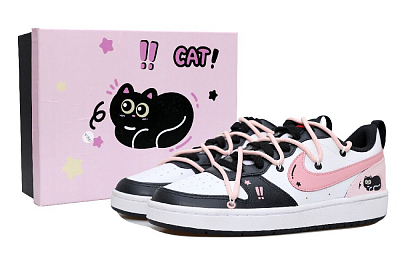 Nike Court Borough Black Pink Cat Abrasion Resistant Low Top Skateboard Shoes Women's Pink White Black