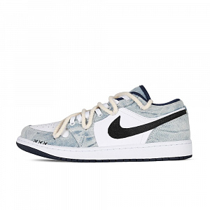 Jordan Air Jordan 1 Low Se Washed Denim 3X Anti-Slip Wear-Resistant Low-Top Vintage Basketball Shoes Men's White Blue