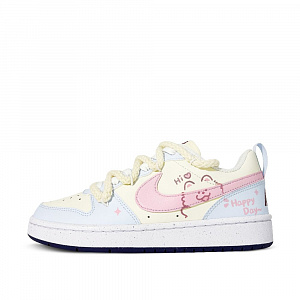 Nike Court Borough Hello Puppy Anti-Slip And Wear-Resistant Lightweight Low-Top Skateboard Shoes GS Yellow White Pink