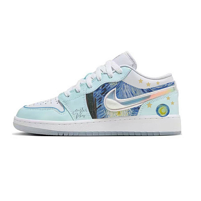 Jordan Air Jordan 1 Slip-Resistant Breathable Moisture-Wicking Low-Top Vintage Basketball Shoes GS White Blue