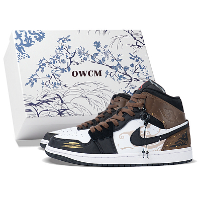 Jordan Air Jordan 1 Anti-Slip Wear-Resistant Mid-Top Vintage Basketball Shoes Men's Black Brown White