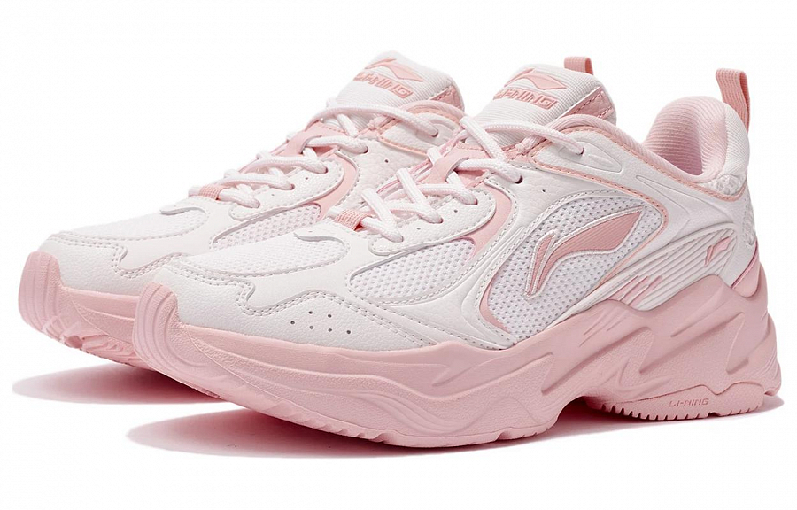 LiNing Cushioned Slip Resistant Abrasion Resistant Breathable Low Top Casual Running Shoes Women's White Pink
