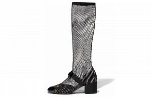 CHANEL Resille 55mm Knee High Mary Janes Black Crystal Patent Calfskin Women's