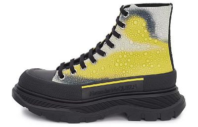 Alexander McQueen Tread Slick Lace Up Boot Mushroom Spores Print Embellished Crystals White Yellow Black Women's