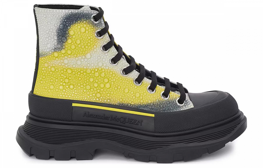 Alexander McQueen Tread Slick Lace Up Boot Mushroom Spores Print Embellished Crystals White Yellow Black Women's
