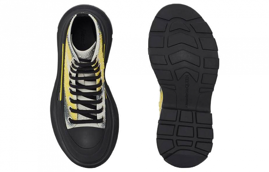 Alexander McQueen Tread Slick Lace Up Boot Mushroom Spores Print Embellished Crystals White Yellow Black Women's