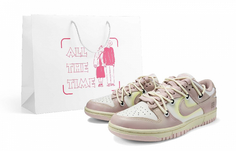 Nike Dunk Low Anti-Slip And Wear-Resistant Lightweight Low-Top Skateboard Shoes Women's Pink White Yellow