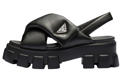 PRADA Monolith Padded 55mm Sandals Black Nappa Leather Women's