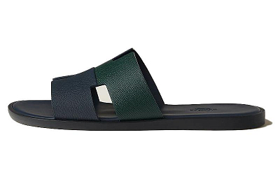 HERMES Izmir Genuine Leather Sole Slide Slippers Men's Blue