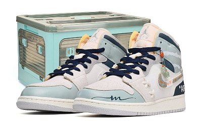 Jordan Air Jordan 1 Mid High-Top Vintage Basketball Shoes GS Gray White Blue