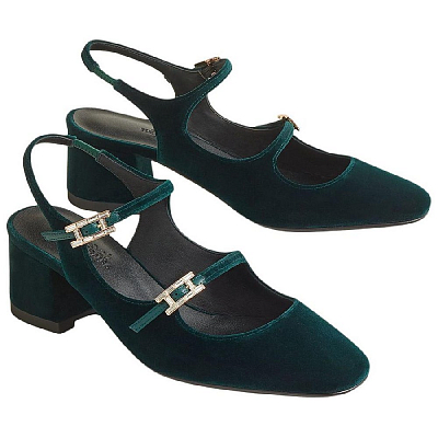 HERMES Jackie Chunky Heel Mary Jane Shoes 5cm Women's Jasper