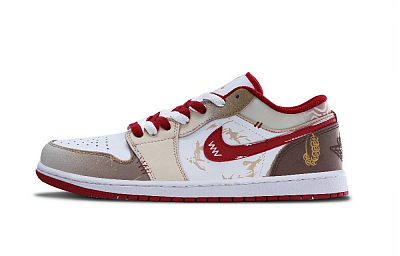 Jordan Air Jordan 1 Abundance Every Year Abrasion-Resistant Low-Top Vintage Basketball Shoes Men's Gray Brown Red
