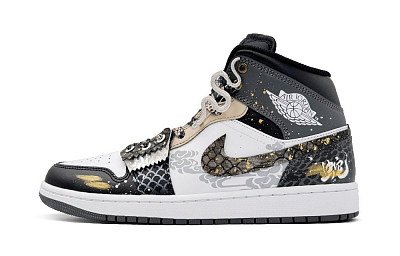 Jordan Air Jordan 1 Anti-Slip Wear-Resistant Mid-Top Vintage Basketball Shoes Unisex Black White Gold