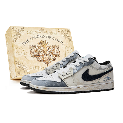 Jordan Air Jordan 1 P.M.S Box, Fluctuation Anti Slip Wear Resistant Low Top Vintage Basketball Shoes Men's Beige Blue