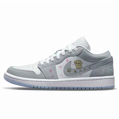 Jordan Air Jordan 1 Cute Puppy Cushioning Abrasion Resistant Breathable Low Top Skateboard Shoes Unisex Gray White