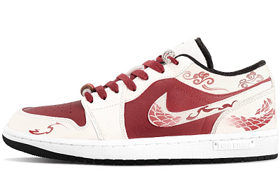 Jordan Air Jordan 1 Snake Brings Prosperity Cushioning Slip Resistant Low Top Vintage Basketball Shoes Men's Beige Red