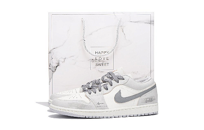 Jordan Air Jordan 1 Slip Resistant And Abrasion Resistant Coverage Low Top Vintage Basketball Shoes Unisex Gray White