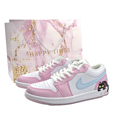 Jordan Air Jordan 1 Woolen Kitten Low Top Vintage Basketball Shoes Unisex White Blue Pink