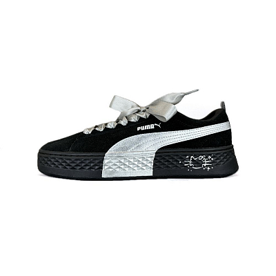 PUMA Smash Platform Coverage Breathable Low Top Skateboard Shoes Women's Black Silver