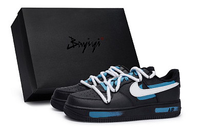 Nike Air Force 1 Low-Top Skateboard Shoes Unisex Black White Lake Blue