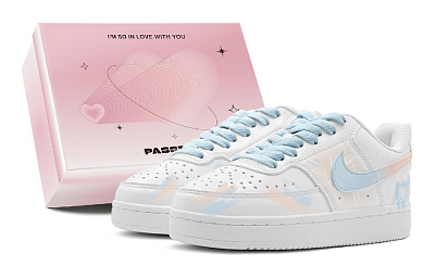 Nike Court Vision 1 Summer Travel Romantic Heart Puzzle Low-Top Skateboard Shoes Women's Pink Blue