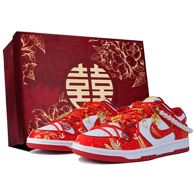 Nike Dunk Myriad Flowers Entertain, Auspicious Dragon And Phoenix Low Top Skateboard Shoes Men's Red White