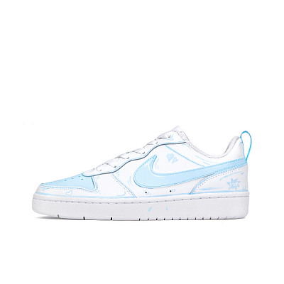Nike Court Borough Cerulean Graffiti, Amber Anti Slip Wear Resistant Low Top Skateboard Shoes GS Blue White