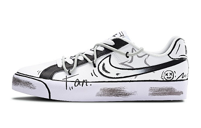 Nike Court Royale Graffiti Brush Non slip Lightweight Low top Skateboard Shoes Men's Black White