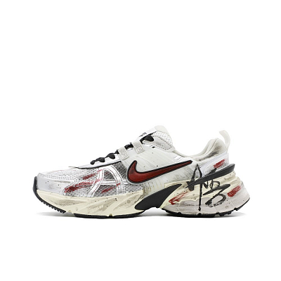 Nike V2K Run Shock Absorbers Slip Resistant Low Top Running Shoes Unisex Gray White Red