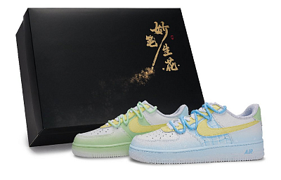 Nike Air Force 1 Wondrous Brush Blossoms, Summer Water Flowers Low Top Skateboard Shoes Unisex White Blue Green