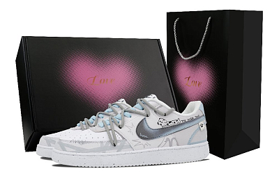 Nike Court Vision 1 Heart Box & Cute Puppy Bus Slip Resistant Cushioning Low Top Skateboard Shoes Men's White Gray