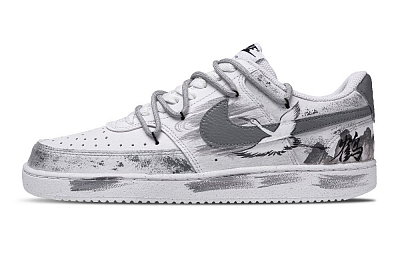 Nike Court Vision 1 Viewing Cranes By The Mountain Non slip Lightweight Low Top Skateboard Shoes Unisex White Gray