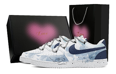 Nike Court Vision 1 Auspicious Clouds Heart Box Slip Resistant Low Top Skateboard Shoes Men's White Blue