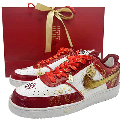 Nike Court Vision Low Auspicious Dragon And Phoenix Anti Slip Wear Resistant Low Top Skateboard Shoes Men's Red White