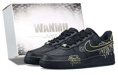 Nike Air Force 1 Sparkling Fireworks Anti Slip Wear Resistant Low Top Skateboard Shoes Unisex Black Yellow
