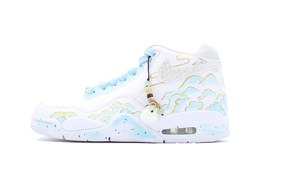 Nike Flight Legacy Layered Emerald And Golden Years Anti Slip Wear Resistant Mid Top Basketball Shoes Unisex Sky Blue