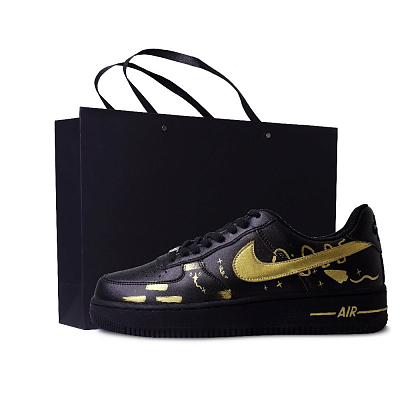 Nike Air Force 1 Graffiti, Shopping Bag, Hand Drawn, Graffiti Low Top Skateboard Shoes Men's Gold Black