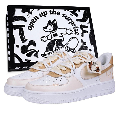 Nike Air Force 1 Little Bear English Anti Slip Wear Resistant Low Top Skateboard Shoes Unisex Light Coffee