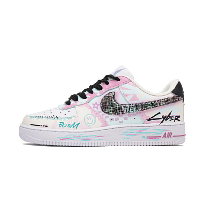 Nike Air Force 1 Cyber Graffiti, Footprint Innovation Abrasion Resistant Low Top Skateboard Shoes Unisex Pink