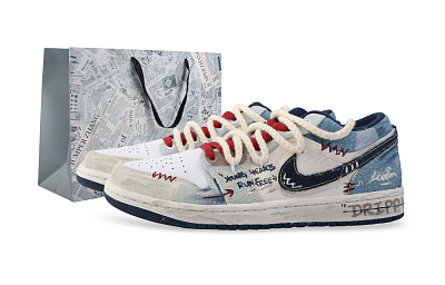 Jordan Air Jordan 1 Western Denim Abrasion Resistant Low Top Vintage Basketball Shoes Men's White Blue