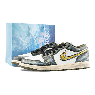 Jordan Air Jordan 1 Ink Obsidian With Gold Sheen Abrasion Resistant Low Top Vintage Basketball Shoes Unisex Green White