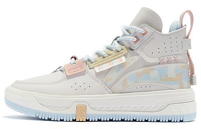 LiNing Anti-Slip And Wear-Resistant Height Increasing Mid-Top Skateboard Shoes Women's White Sand Gray